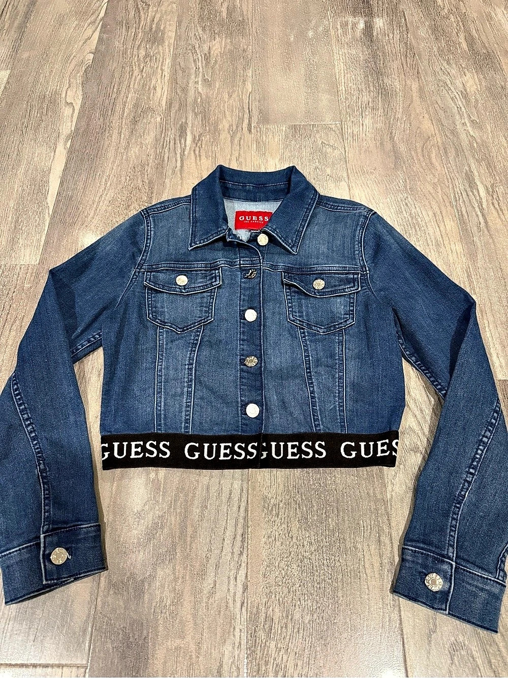 GUESS Logo Hem Crop Denim Jacket Blue Small